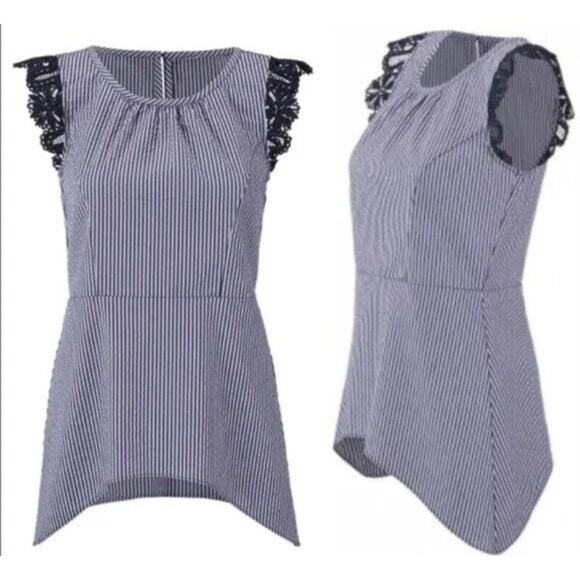 Cabi #5727 Top Blouse Women's Size S Small Navy White Seersucker Lace Cap Sleeve - Picture 15 of 15